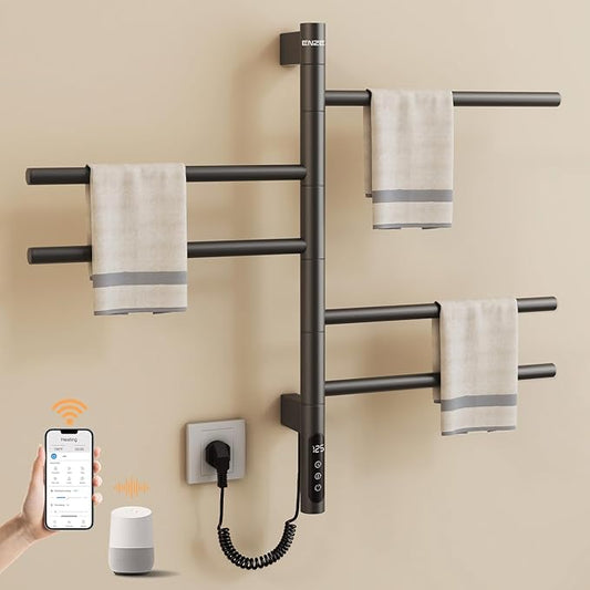 ENZE Smart Rotating Heated Towel Rack for Bathroom, Wall-Mounted Electric Towel Dryer with Swivel Bars, Smart Timer, Low Carbon Steel, IPX5, Plug-in/Hardwired, Towel Warmer with Wi-Fi App Control