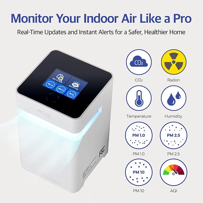 AirCurie Ver2, Radon Detector for Home, 5-in-1 Total Indoor Air Quality Monitor [PM1.0, 2.5, 10, CO2, Humidity, Temp] Easy to Use