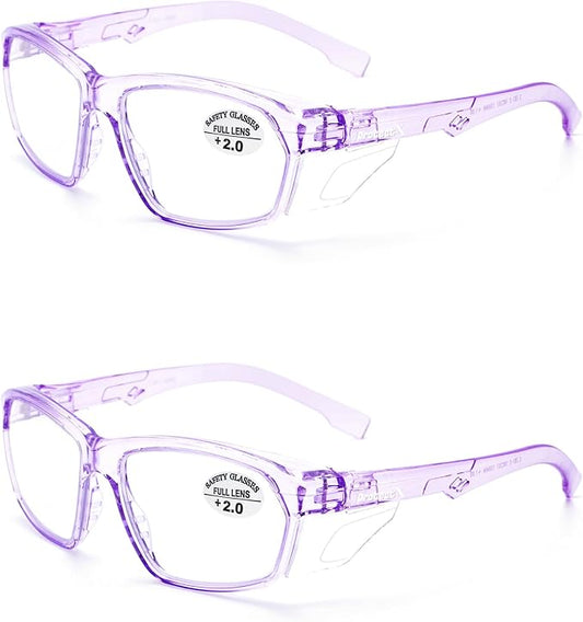 ProtectX Stylish Anti-Fog & Scratch-Resistant Safety Glasses With Readers, UV Protection Goggles, Anti-Impact Lightweight Glasses for Men＆Women Lilac Reading 2.0-2 Pack