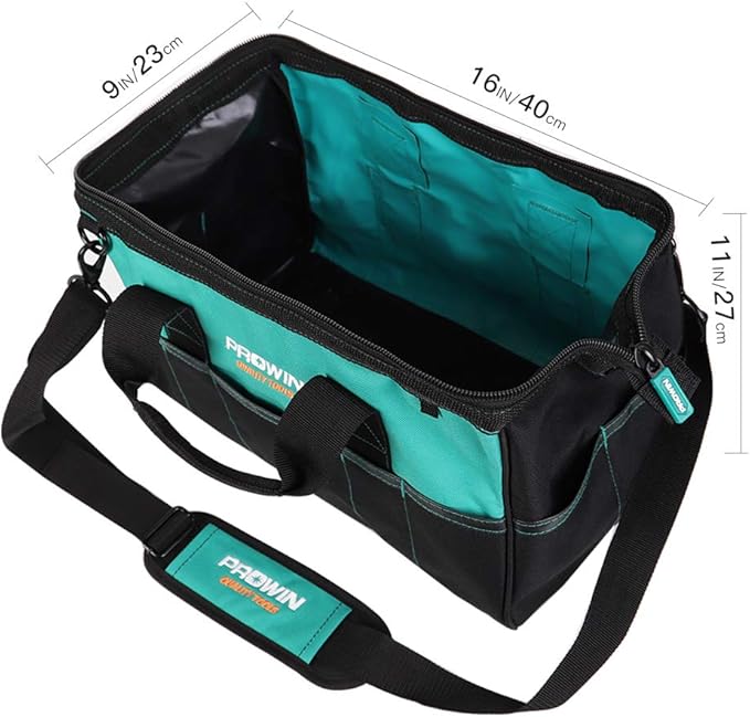 Prowin 16-inch Wide Mouth Tool Bag Multi-pocket Tool Organizer with Adjustable Shoulder Strap, Tool Tote Bag for Men