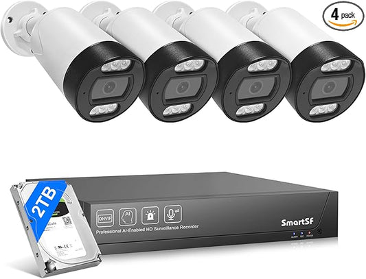 POE Security Camera System, 4pcs 5MP Indoor Outdoor PoE Cameras, Color Night Vision, Smart Human Detection, Wired Security Camera System, 8CH NVR with 2TB HDD for 24/7 Recording