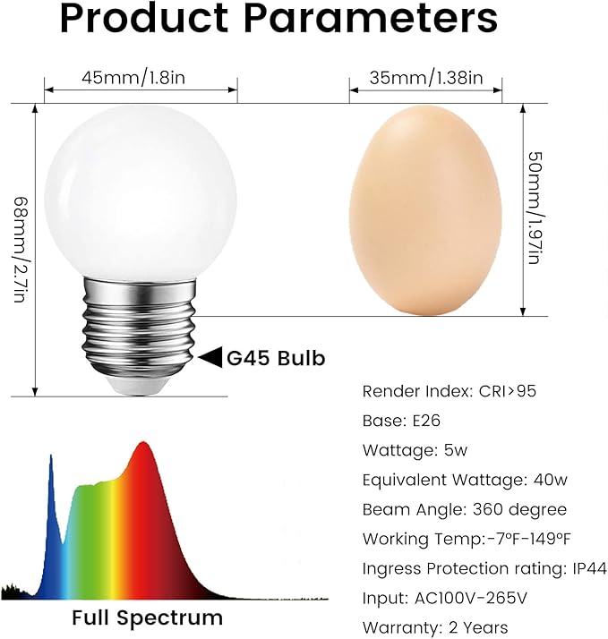 LED Light Bulb, 95Ra Daywhite Refrigerator Light Bulb G45 40W Equivalent, 5W 6000K E26 Waterproof Full Spectrum Lightbulbs Cool White Small Grow Light for Home, Bathroom, Vanity, Freezer, Plant