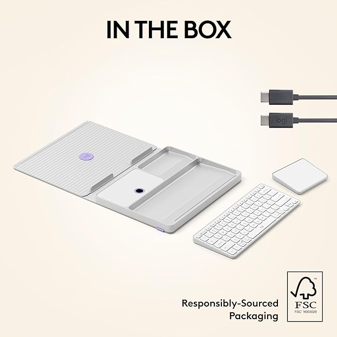 Logitech Casa Pop Up Desk Kit - Adjustable Laptop Stand for Desk, Wireless Keyboard & Touchpad, Bluetooth, USB C Charging, Nordic Calm, Tan/Purpl