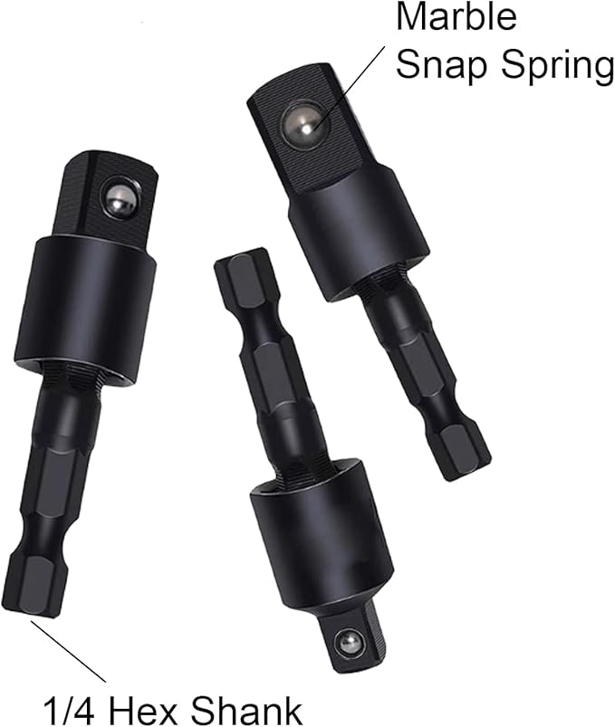 17-Piece Flexible Drill Bit Extension Set with 3 rotatable socket adapters, 2 hex shank 105° right angle drill attachments, 10 short screwdriver bits, and a 90° angled bit with a flexible extension