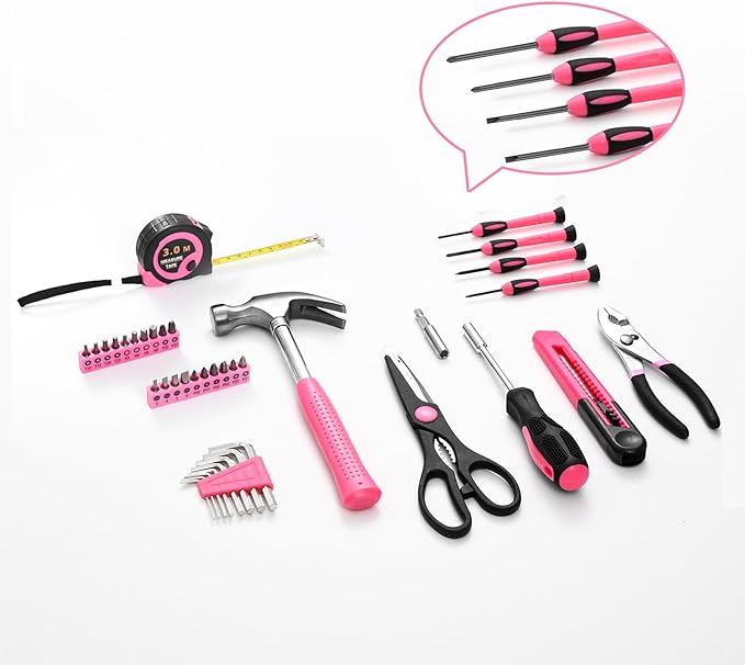 39 Piece All Purpose Basic Household Pink Tool Kit for Women - Small Tool Set with Toolbox Great for Home, Garage, Office and College Dormitory Use