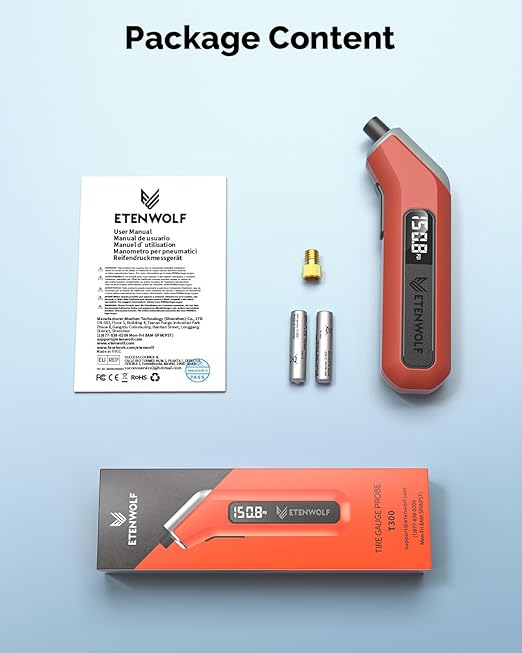 ETENWOLF T300 Plus Tire Pressure Gauge 200 PSI, Digital Tire Gauge with Bright LED Display, Tire Gauges for Tire Pressure with Presta Valve Adaptor (Vivid Orange)