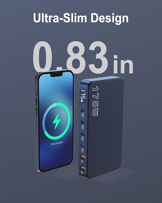 175W USB-C Charger, Ultra-Thin 6 Ports GaN Fast Charging Station, PPS PD 100W Laptop Charger Adapter, LCD Display, Compatible with MacBook Pro/Air, iPhone 15/14/13, Pixel, Galaxy, and More