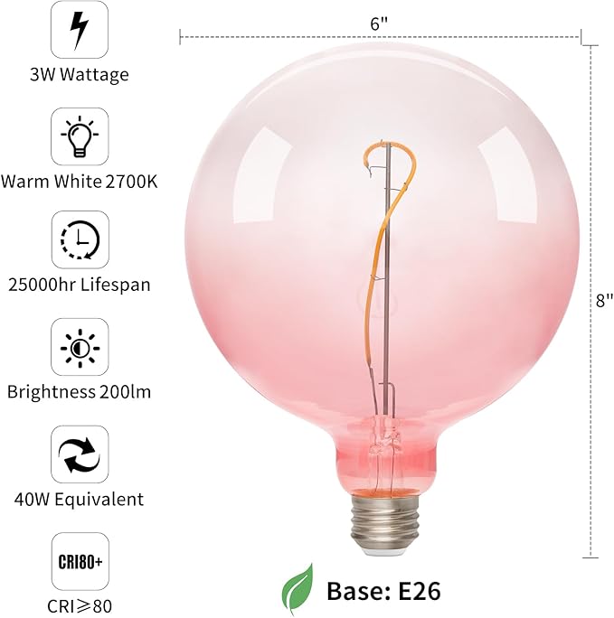 ONEWISH Large LED Bulb,G150 Pink Globe Decorative Bulbs,Warm White 2700K 3W,30W Equivalent,E26 Base,6 inch Oversized Edison Bulb for Bedroom Living Room Home,1 Pack