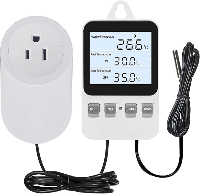 Digital Plug in Thermostat Outlet Socket, Heating Cooling Electric Temperature Controller, Heater Cooler Switch with Sensor, for Incubation Heat Mat Reptile Greenhouses Terrarium, 120V 15A