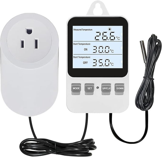 Digital Plug in Thermostat Outlet Socket, Heating Cooling Electric Temperature Controller, Heater Cooler Switch with Sensor, for Incubation Heat Mat Reptile Greenhouses Terrarium, 120V 15A