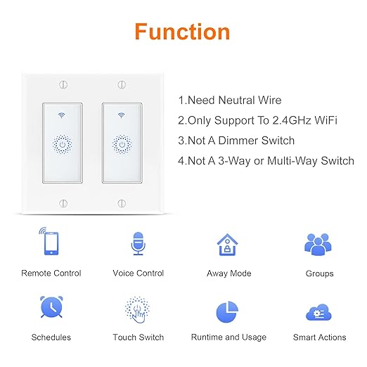 Smart Switch4 Pack, Double Smart Light Switch, Milfra in-Wall WiFi Smart Switch Compatible with Alexa and Google Home, No Hub Required, Neutral Wire Needed,2.4Ghz WiFi only. 4 Pack
