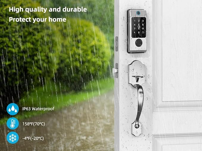 WiFi Front Door Lock Set - Miuedo Keyless Entry with Handle Keypad, Smart Deadbolt, Fingerprint, Auto Lock, Code, Fob, Remote Control - Silver