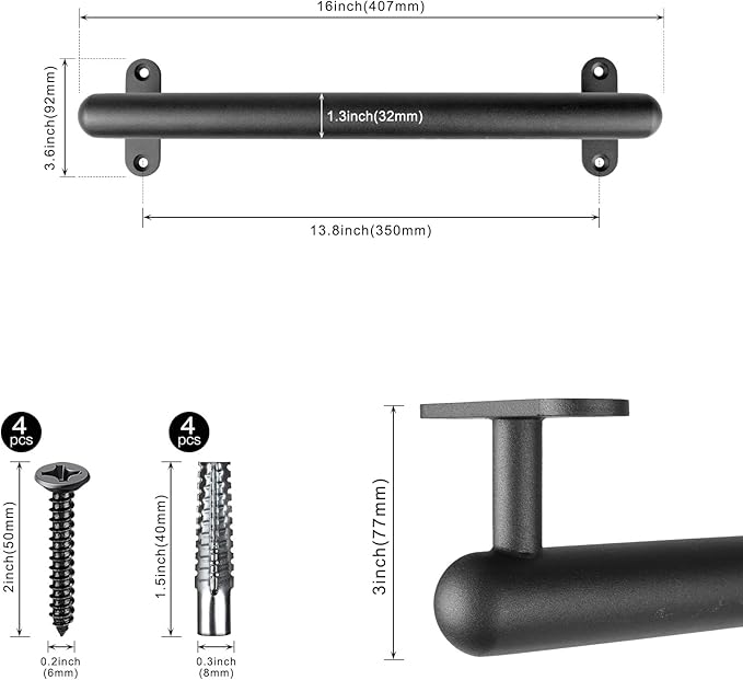 Dolibest 16 Inch Wall Mount Metal Handrail, Staircase Step Handrail, Non-Slip Safety Grab Handle, Barrier-Free Staircase Grab Bar for Elderly, Indoor & Outdoor Use, 1.3 Inch Round (Black)