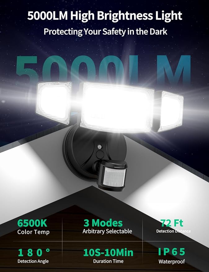 iMaihom 50W Motion Sensor Outdoor Lights, 5000LM Hardwired Motion Sensor Flood Light, Dusk to Dawn Outdoor Lighting, 6500K LED Security Light, IP65 Waterproof Motion Detector Lights for Outside, Black