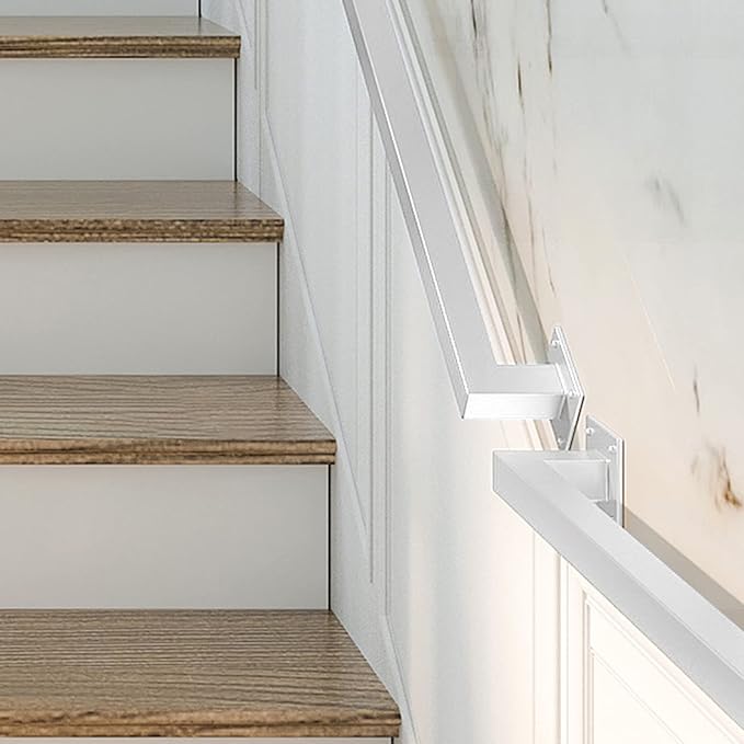 5FT White Iron Hand Railing, Sturdy Safety Staircase Handrails Wall Mount, 500lbs Load Capacity Industrial Iron Railing Pipe Handrail for Indoor Stairs, Outdoor Deck Loft Porch, Non-Slip and Rust