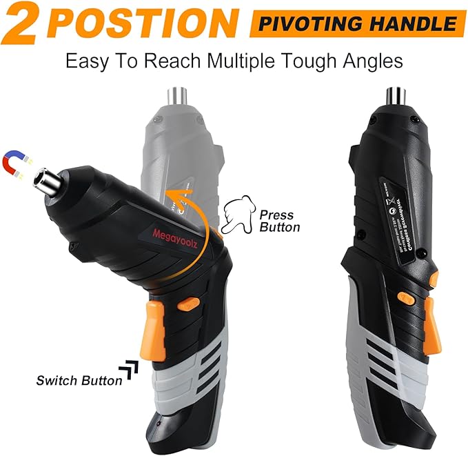 Megarooz Electric Cordless Screwdriver with Rechargeable Battery and Charger, Rotating Handle, LED Light, 47PCS Drill/Driver Accessories,Comes with packaging box for convenient storage (black)