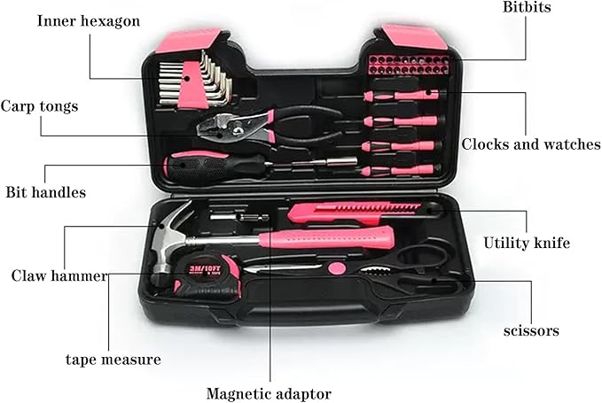 39 Pcs All Purpose Basic Household Pink Tool Kit for Women - Small Tool Set with Toolbox Great for Home, Garage, Office and College Dormitory Use
