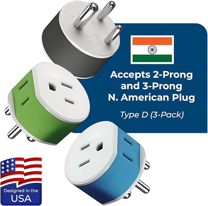 OREI India, Nepal, Maldives Power Plug Adapter with 2 USA Inputs - Travel 3 Pack - Type D (US-10) Safe Grounded Use with Cell Phones, Laptop, Camera Chargers, CPAP, and More