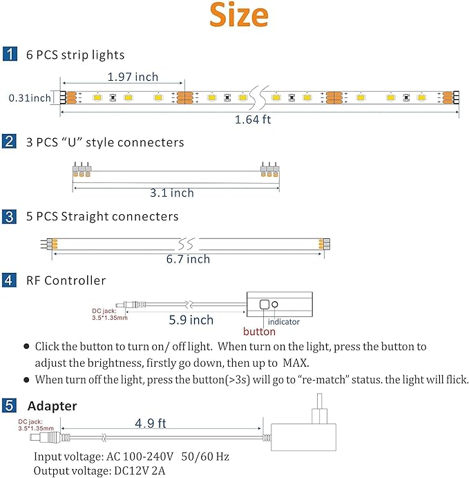 WOBANE Under Cabinet Lighting Kit, 6PCS 20inch LED Strip Bars with 24W Adapter,RF Remote,Super Bright Daylight for Kitchen Cabinet,Under Desk,Counter Lighting,4000K Natural White,1500 Lumen,Dimmable