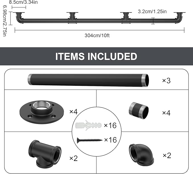 Willstar 10FT Industrial Staircase Handrail Non-Slip Pipe Bar Foot Rail Wall Mount Stair Rail Vintage Grab Bar for Steps Black Iron Pipe Handrail for Outdoor Indoor Stairs Loft Porch Hand Rail (10ft)