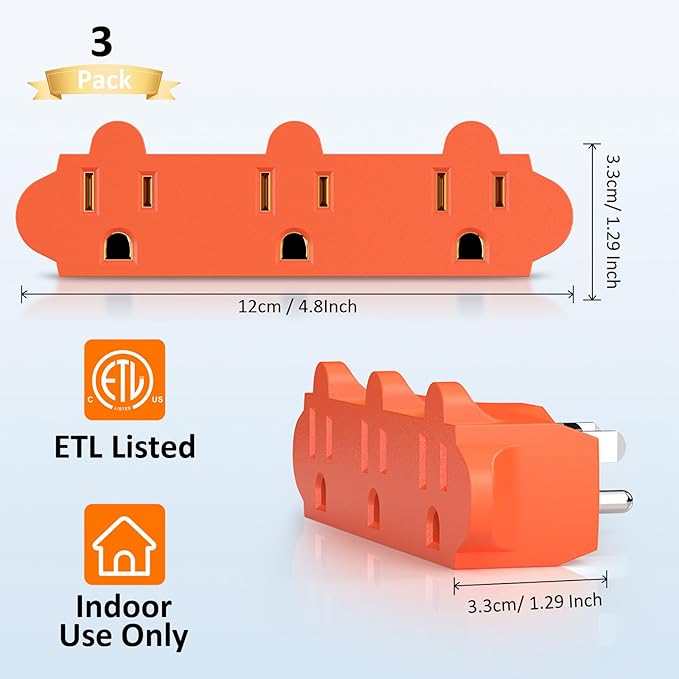 ETL Listed 3 Outlet Grounding Adapter, BTU Three Plug Outlet Adapter Splitter, Heavy Duty Grounded Power Tap, 3-Prong Outlet Adapter, Multi-Plug Extender, Orange (Pack of 3)