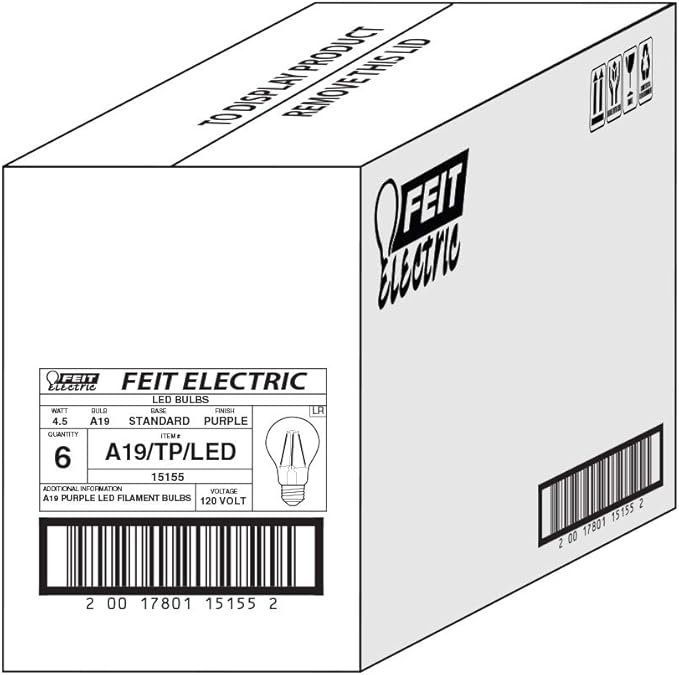 Feit Electric A19/TP/LED/6 25W Equivalent Dimmable Clear Glass Filament Colored LED Light Bulbs, Purple, 6-Pack, 2.3" D x 4"