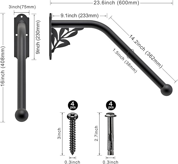 SELEWARE Fully Welded Staircase Handrail Iron Handrail Indoor Outdoor Steps Garage Railing Safety Grab Bar for Elderly Branch Shaped 24'' Length 1.3'' Dia