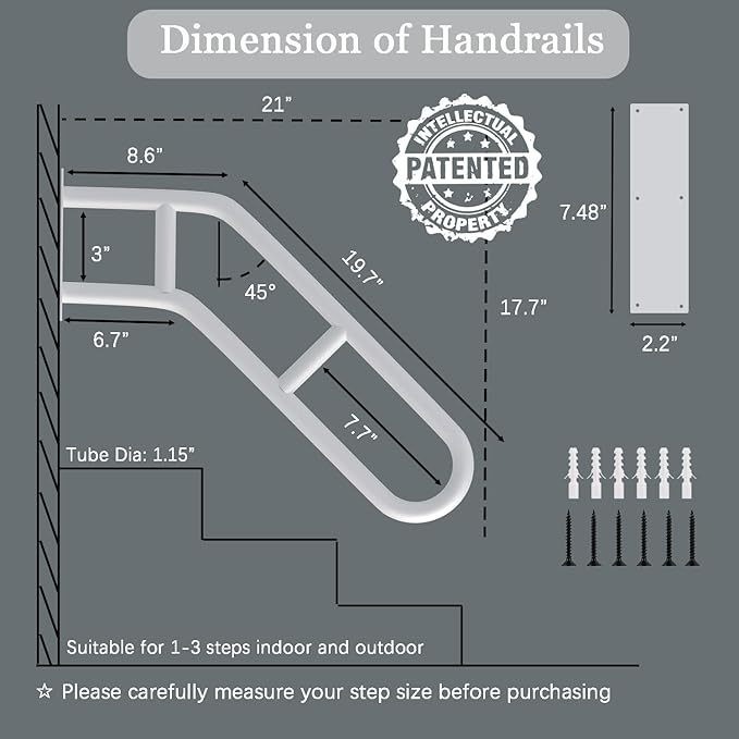 Upgraded Stair Handrails for 1-3 Steps, 27" Bent Handrails for Outdoor Steps, Wall Mounted Stair Railing U-Shaped Safety Grab Bar with 2 Anti-Skid Crossbar for Garage, Porch, Garden, Yard
