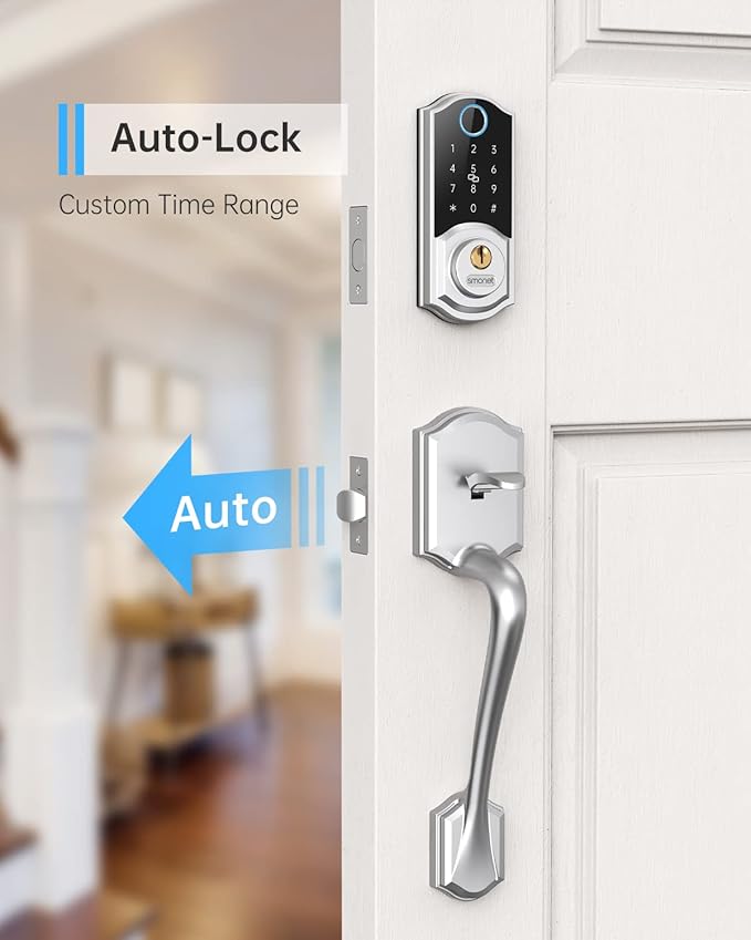 Smart Front Door Lock Set: SMONET Keyless Entry Door Lock with Handle, Front Handle Set Fingerprint Smart Deadbolt Bluetooth Electronic Digital Keypad, Alexa Unlock Silver