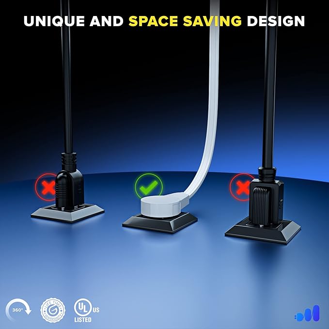 Maximm 360 Rotating Flat Plug Extension Cord - 15ft Slim Space-Saving Design, Under Carpet (White)