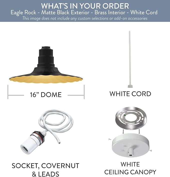 Steel Lighting Co. Eagle Rock Pendant | Ceiling Mounted Light | 16 inch Radial Wave | White Cord | Heavy Duty Steel Retro Farmhouse Style Made in America | Black Exterior/Brass Interior