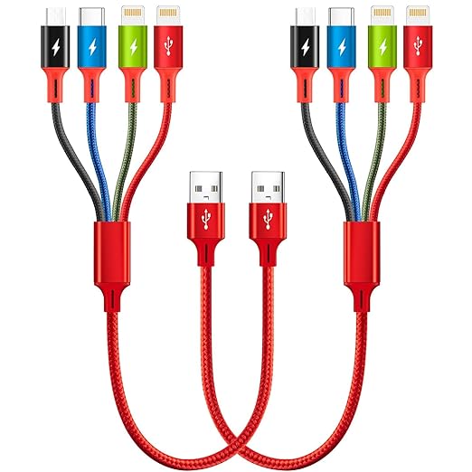 Short Multi Charging Cable, 1Ft/2Pack Multi Charging Cord, 4 in 1 Multiple USB Charger Cable,Fast Charging with IP/Type C/Micro USB Ports for Cell Phones/iPhone Series/Tablets/Galaxy/PS and More