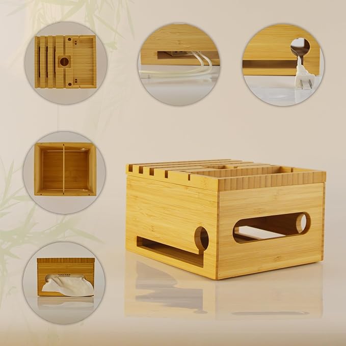 Eco-Friendly Bamboo Device Charging Stasion Organizer - Multi-Devic Manager, Cell Phone Holder and Tissue Box Combination Design - Multi-Device Charging Station, Home Charging Station
