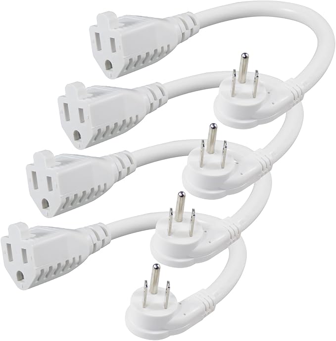 [4 Pack] Flat Plug Short Power Extension Cord - 6inch White Low Profile Flat Head 3 Prong Grounded Indoor Extension Cord,16AWG 13amp Household Appliance Electrical Extension Cord with Flat Wall Plug