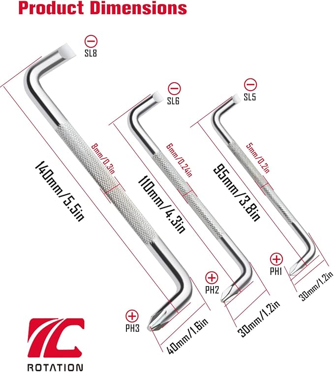 ROTATION 3pcs Offset Screwdriver Set, Head Screwdriver Set with Magnetic, Z-type Screw Drive with Philips and Flathead