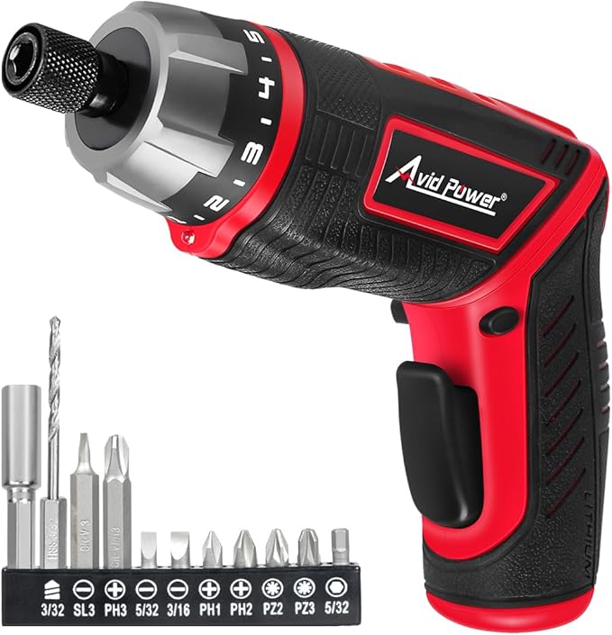 AVID POWER Electric Screwdriver Set Rechargeable 4V Cordless Screwdriver Kit with 11pcs Accessories, 5.65Nm Screw Gun, 5+1 Torque Setting, 2 Position Handle with LED Light-Dark Red