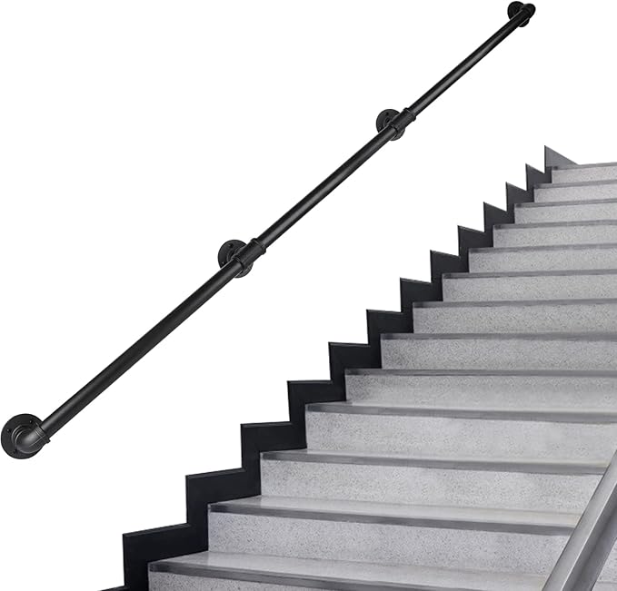 Pipe Stair Handrail, 9 Ft Metal Staircase Handrail, Black Galvanized Industrial Iron Hand Rail for Indoor & Outdoor Wall Mount Support, Wall Hand Railing,Safety Handle, Steps Baluster(HR09)