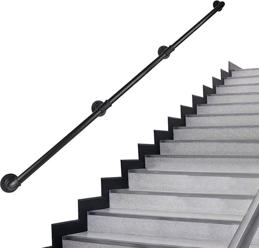 Pipe Stair Handrail, 12 Ft Metal Staircase Handrail, Black Galvanized Industrial Iron Hand Rail for Indoor & Outdoor Wall Mount Support, Wall Hand Railing,Safety Handle, Steps Baluster(HR07)