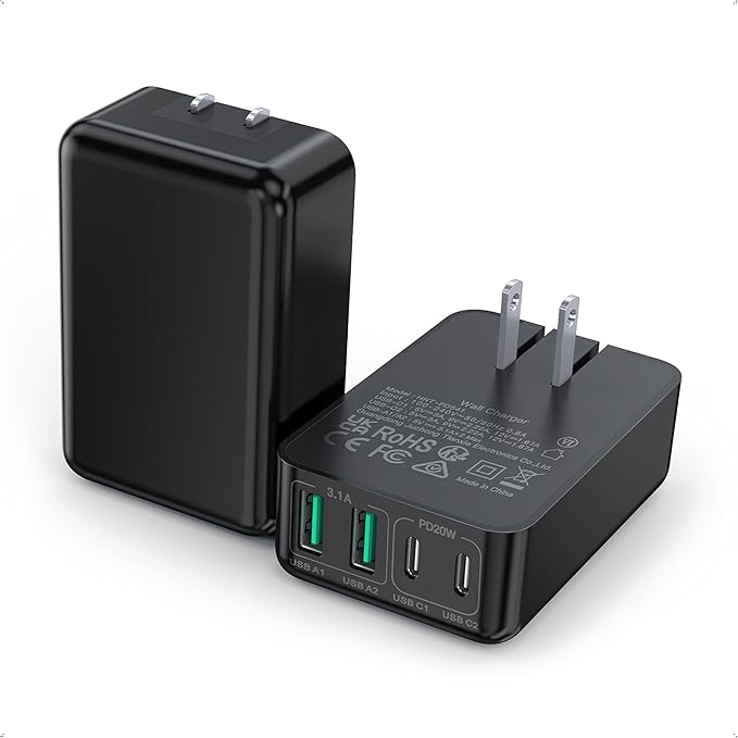 2Pack Flat USB C Charger Block, 40W 4-Port Fast Charger 20W Type C Charging Block 3.1A USB Wall Charger Dual Port PD+QC Charging Cube for iPhone 16 15 14 13 12 Pro Max XS, iPad,Samsung,Tablet（Black）