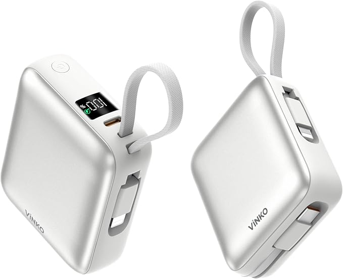 VINKO Portable Charger Power Bank, 10000mAh Travel Essentials Battery Pack, 22.5W Fast Charging USB C Charging Bank Built-in Cables Cords Wires Compatible with iPhone,Samsung,Android(White)