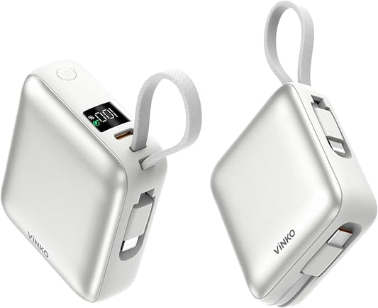 VINKO Portable Charger Power Bank, 10000mAh Travel Essentials Battery Pack, 22.5W Fast Charging USB C Charging Bank Built-in Cables Cords Wires Compatible with iPhone,Samsung,Android(White)
