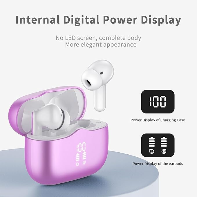 Wireless Earbuds, Bluetooth 5.4 Headphones in Ear with 4 ENC Noise Cancelling Mic, New Wireless Earphones HiFi Stereo Deep Bass 40H Playtime, in-Ear Bluetooth Earbuds LED Display IP7, USB-C, Violet