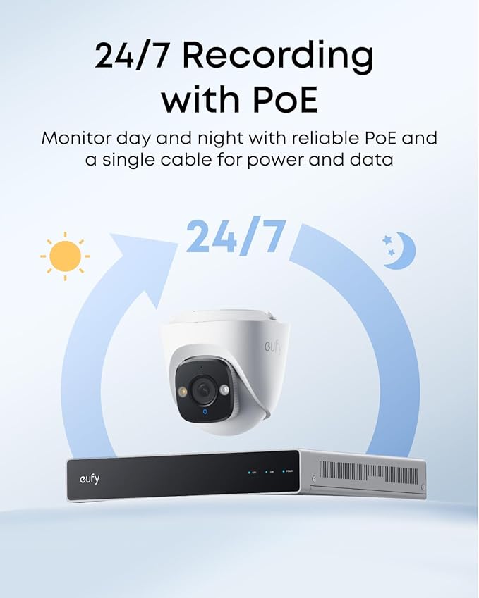 eufy PoE Turret Security Camera E41, NVR Add On Cam, 24/7 Recording, 4K UHD, 122° FOV, F1.6 Color Night Vision, Human/Vehicle/Pet AI Detection, Red and Blue Strobe, Plug and Play