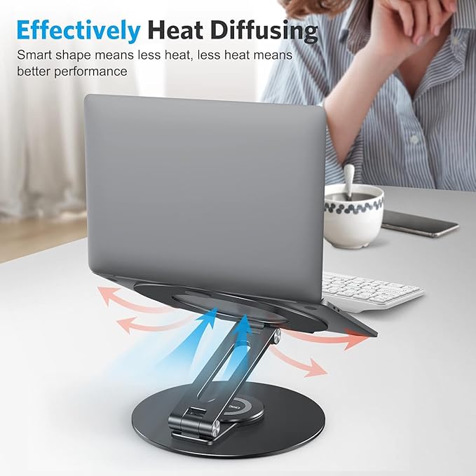 OMOTON Adjustable Laptop Stand with 360 Rotating Base, Ergonomic Laptop Riser for Collaborative Work, Dual Rotary Shaft Fully Foldable for Easy Storage, Fits All Laptops up to 16 inches, Black