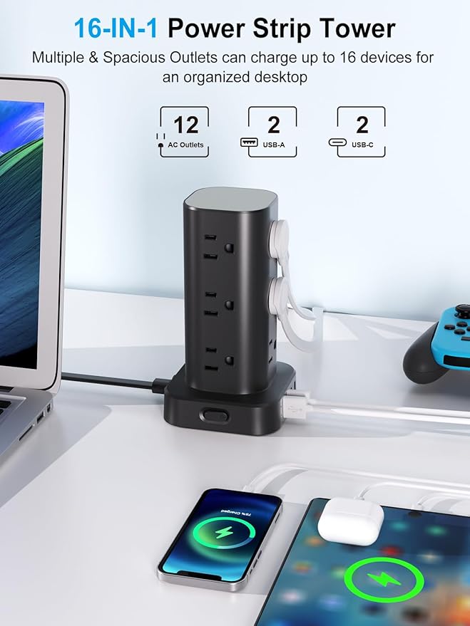 Power Strip Tower with Multiple Outlets, Flat Plug Surge Protector Tower Extension Cord with 12 AC Outlets 4 USB Ports (2 USB C), 6FT Cord Power Tower Surge Protector for Home Office Dorm Room, Black