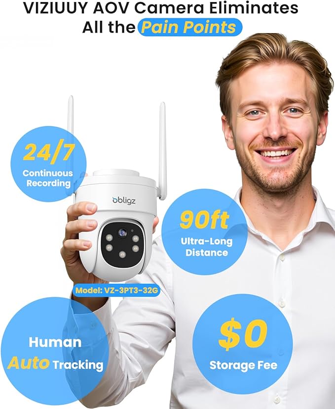 AOV Security Camera, 24H Continuous Recording Security Cameras Wireless Outdoor, WiFi 6, 2K Solar-Powered Cameras for Home Security with 360° PTZ, Auto Tracking, 32G Local Storage(Included)