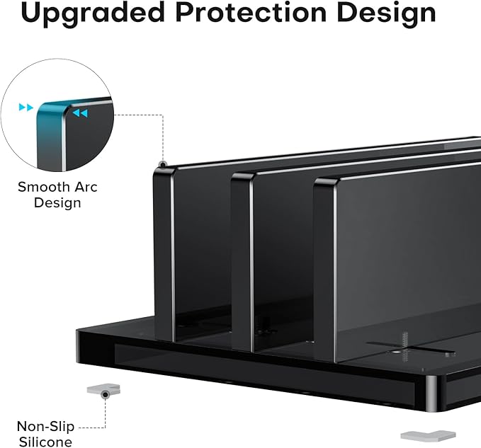 OMOTON Vertical Laptop Stand for Desk, Acrylic Laptop Holder Desktop Clear Adjustable Dock for MacBook Pro Air, HP, All Gaming Laptops up to 17” (Black, Dual Slot)