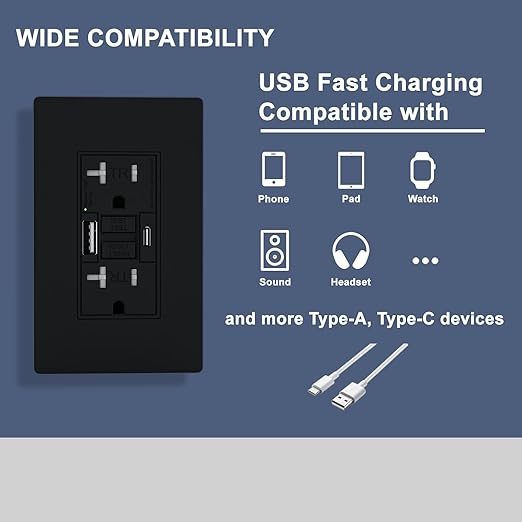 20AMP GFCI Outlet with Type A & Type C USB Charging Ports, Self-Test, LED Indicator, Tamper Resistant, GFCI Receptacle Outlet, Screwless Wall Plate Include, ETL Listed, Black