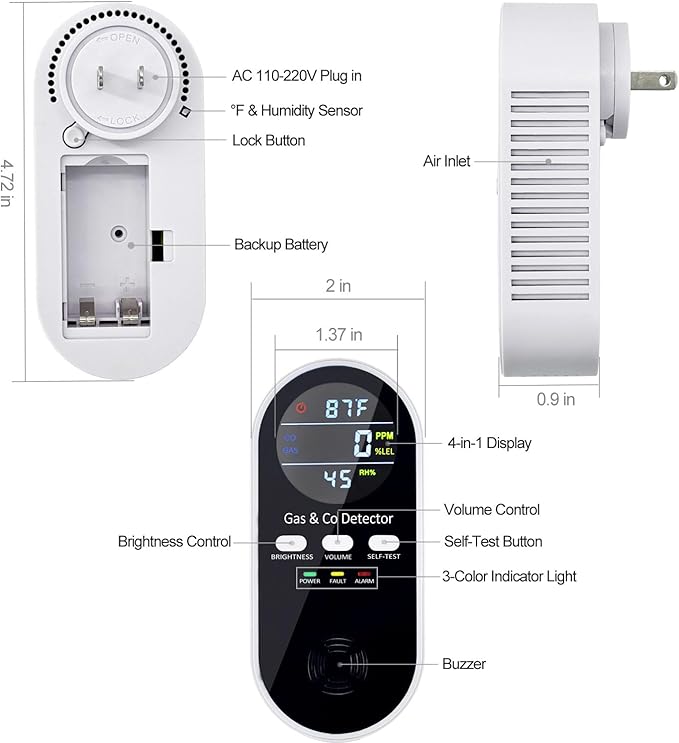 5-in-1 Upgraded Plug in Carbon Monoxide Detector and Natural Gas Detector, KH Alert Portable Carbon Monoxide Detector & Gas Leak Detector with 9V Battery Backup, CO Detector with ℉ & Humidity for Home