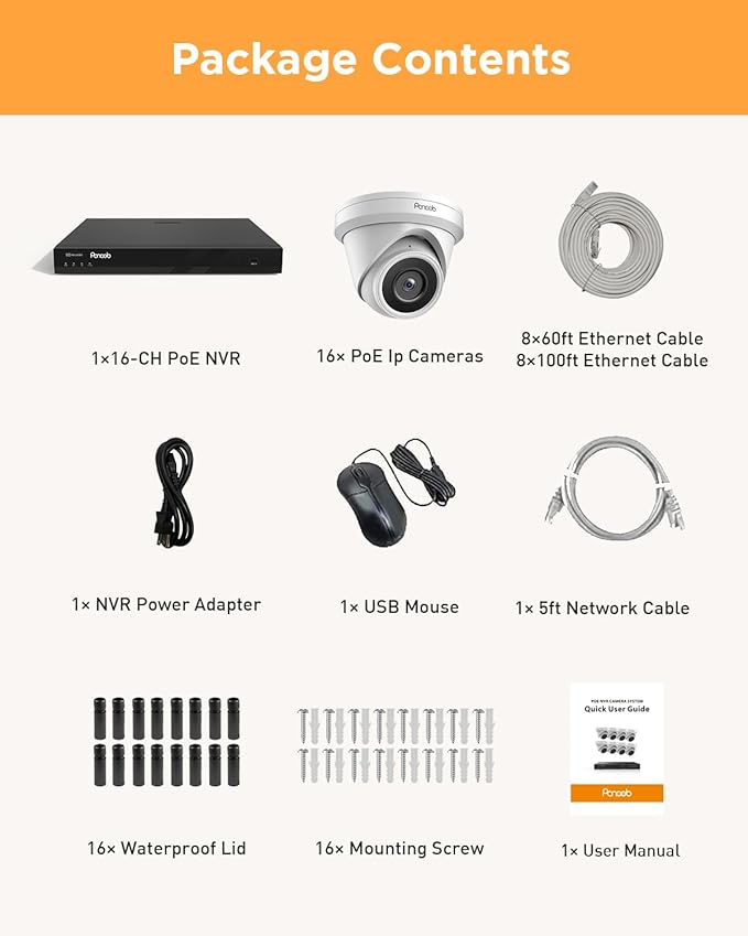 16 Channel Security Camera System, 16pcs 5MP Wired IP Turret Dome PoE Cameras Outdoor, AI Human Detection, Built-in Mic, Remote Access, 4K 16CH NVR 4TB HDD for 24-7 Recording, PD93A1616-5M